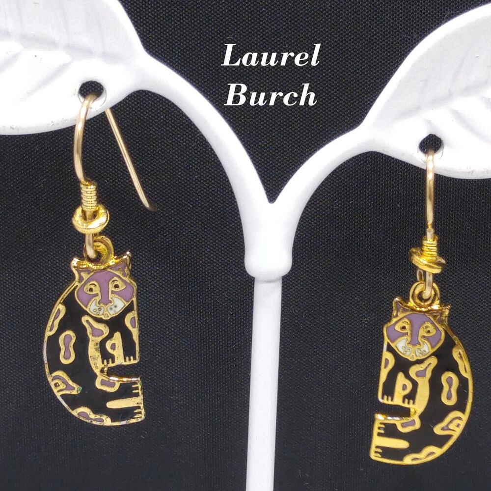 Laurel Burch Baby Snow Leopard Earrings, Cloisonne Black Enamel, Gold Plated